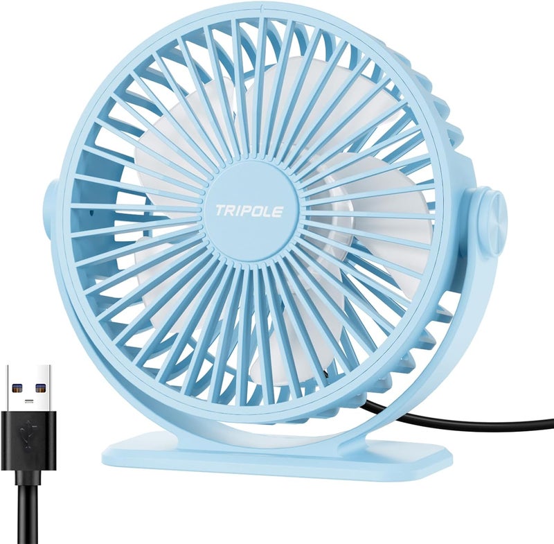 TriPole Small Desk Fan USB Powered Mini Portable Fan, 3 Speeds Strong Breeze Electric Fans, 360° Rotation Quiet Plug In Personal USB Cooling Fans for Desktop Bedroom Office Table Travel Cruise, Blue - Image 1